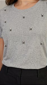 Blusa Feminina Mescla Bordada Frente Com Bola e Strass Viscolycra