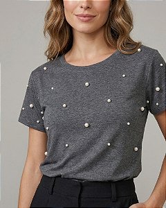 Blusa Feminina Mescla Escuro Bordada Pérolas Viscolycra