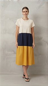Vestido Midi Tricolor Com Saia de Babados