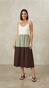 Vestido Midi Regata Tricolor Com Saia de Babados