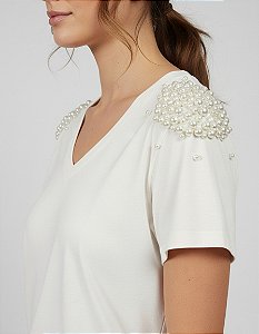 Blusa Feminina Decote V Bordado Ombros em Pérolas Viscolycra