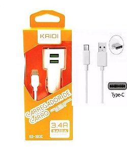 CARREGADOR VEICULAR 2 USB + CABO TIPO C KAIDI KD-303C