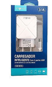  CARREGADOR V8 2 USB 3.1A+CABO INOVA CAR-9016 