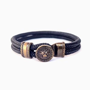 Pulseira de Corda Preta com Cabeça de Leão Grego