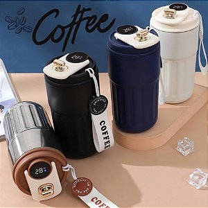 Copo Térmico Cafe personalizado Inox Portátil com tampa,420ml, Com LED Temperatura Antivazamento. Obs.: cor preta
