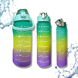 Kit Garrafas 3 em 1 Colorida Degradê Squeeze Frases Motivacionais
