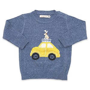 Malha de Tricô para Meninos - Estampa Carro - Cor Jeans Tam G