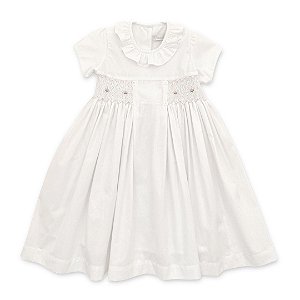 Vestido Ponto Smock com Gola Babado e Botões - Branco