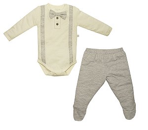 CONJ PAGAO GRAVATA CINZA BRANCO - 3 A 12 MESES