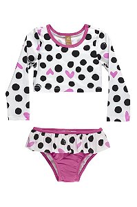 Biquini Cropped Infantil Poa Preto e Rosa com UV