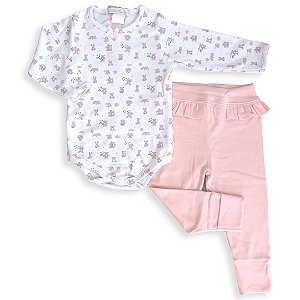 Conjunto Body e Calça Estampa Coelhinhas Rosa em Algodão Egípcio