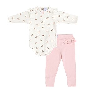 Conjunto Algodão Egípcio Body e Calça Urso Poá Rosa