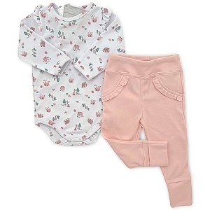 Conjunto Bebê Body e Calça Estampa Elefantes Rosa