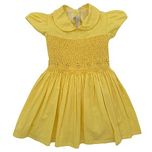 Vestido Casinha de Abelha com Gola Boneca e Manga Copinho - Amarelo