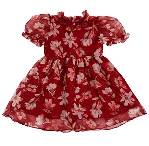 VESTIDO INFANTIL FIORI EM ORGANZA ESTAMPA FLORAL VERMELHO