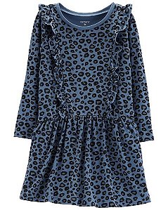 Vestido Manga Longa Leopardo Azul