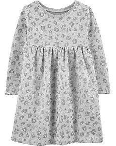 Vestido Manga Longa Flanelado Leopardo Cinza