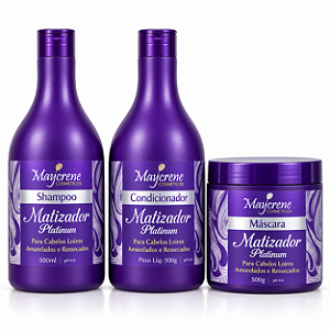 Kit Matizador Platinum Maycrene para Cabelos Loiros – Shampoo + Condicionador + Máscara