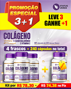 Kit Colágeno Verisol + Ácido Hialurônico e Vitamina C Status Verde – Leve 3, Ganhe 1 | 240 Cápsulas de 500 mg