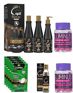 Crescimento dos Cabelos Capil Horse + 2 Luminus + 5 Óleo De Coco Sachê 15ml +1 Reparador