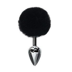 Plug Anal em Metal com Pompom Preto Tamanho M