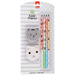 Kit escolar - best friend (4 lápis hb + 2 borracha) - blister