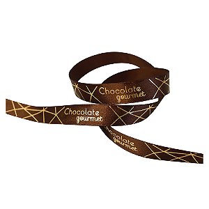 FITA DE CETIM DECORATIVA CHOCOLATE GOURMET OURO COM 15 mm DE LARGURA EM ROLO 10 METROS