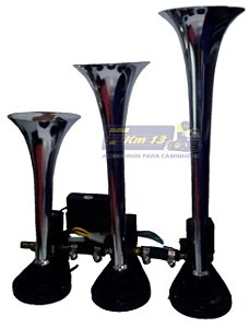 Buzina a ar com suporte e som alternado 3 cornetas cromada 12V