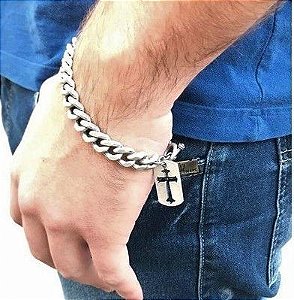 Pulseira Masculina. Cruz Vazada. Corrente Grossa. Prata Velha. 5cm Diâmetro