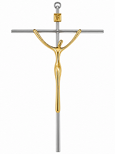Crucifixo de Parede. Estilizado Cromado e Cristo Dourado. 28cm
