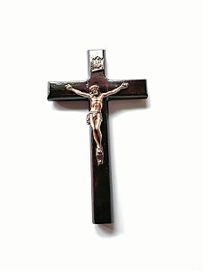 Crucifixo de Parede em Madeira. Cristo em Metal. Verniz Alto Brilho. 12cm