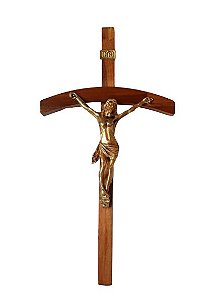 Crucifixo de Parede. Cristo em Metal Ouro Velho, Madeira Curvada. 33cm