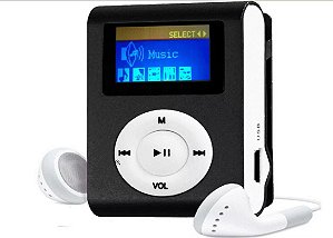 MINI MP3 PLAYER CLIP VISOR LCD COM RÁDIO FM + FONE DE OUVIDO E CABO USB