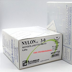 FIO SUTURA NYLON MONOFIL PRETO 3-0 C/ AGULHA 3/8 CIRC TRIANG 2,5 cm