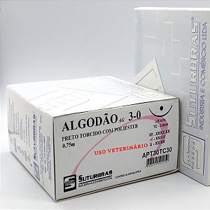 FIO SUTURA ALGODÃO PRETO TORCIDO 3-0 C/ AGULHA 3/8 CIRC CILIND 3,0 cm