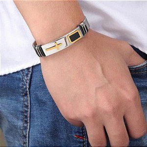 PULSEIRA BRACELETE MASCULINA MODA CRUZ AÇO INOXIDÁVEL