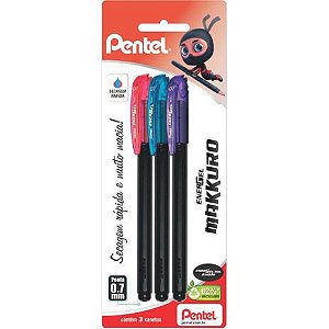 Caneta PENTEL EnerGel Makkuro  0.7mm - Kit c/ 3 Cores (Azul/Rosa/Violeta)