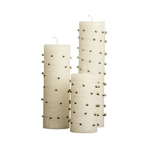 Trio de Velas Cilíndricas Base 8,5cm com Miçangas