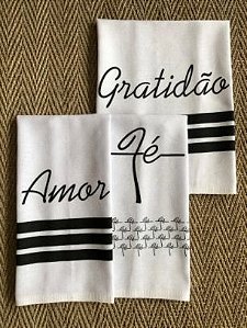 Pano de prato sacaria Premium  Gratidão, fé e Amor - Kit c/ 3 unidades