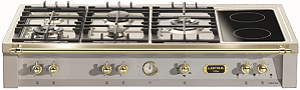 Rangetop inox escovado 120 cm, de embutir, 5 queimadores profissionais a gás, 2 zonas elétricas, manípulos e varão em latão polido, Lofra Dolcevita- 220V