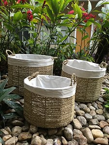 Conjunto com 3 peças de Cestos de Palha e Tecido