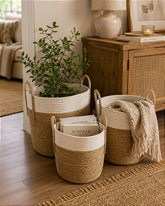 Conjunto com 3 Cestos Decorativos em Fibra Vegetal e Algodão | Casa de Lila