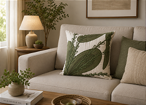 Almofada de Linho com Aplique em Rami 52 x 52 cm Bege e Verde – Textura Natural e Elegância na Decoração | Casa de Lila