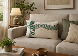Almofada de Linho Bege com Aplique em Rami Verde 35 x 52 cm – Textura Natural e Elegância | Casa de Lila