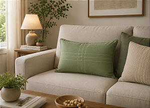 Almofada de Linho Verde com Aplique em Rami Bege 35 x 52 cm – Textura Natural e Elegância na Decoração | Casa de Lila