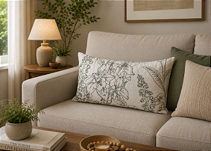 Almofada de Sarja Bege com Bordado Verde 35 x 52 cm – Elegância e Textura na Decoração | Casa de Lila