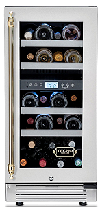 Adega Tecno Vintage 38 cm, de piso e de embutir, p/ 23 garrafas, abertura p/ direita, 2 zonas de temp., puxador em latão polido, 220V - Casa de Lila