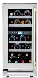 Adega Tecno Vintage 38 cm, de piso e de embutir, p/ 23 garrafas, abertura p/ esquerda, 2 zonas de temp., puxador em latão polido, 220V - Casa de Lila