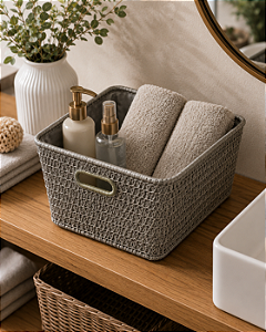 Conjunto de Cestos em Papel Trançado e Tecido Cinza – 2 Peças | Casa de Lila