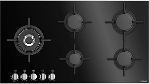 Cooktop á gás 90 cm vitroceramico, 5 queimadores profissionais a gás em latão, moldura em inox, com queimador Dual Flame de 5.000 W, Tecno-220V